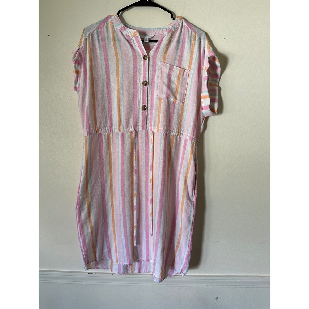 Time and Tru Women Pink Striped Linen Blend Shirt Dress Small 4-6 Short Sleeve